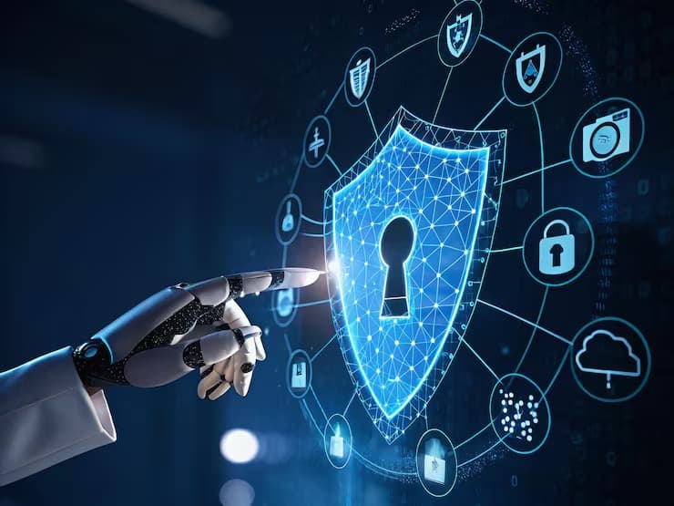 Illustration of a robotic hand interacting with a digital security shield