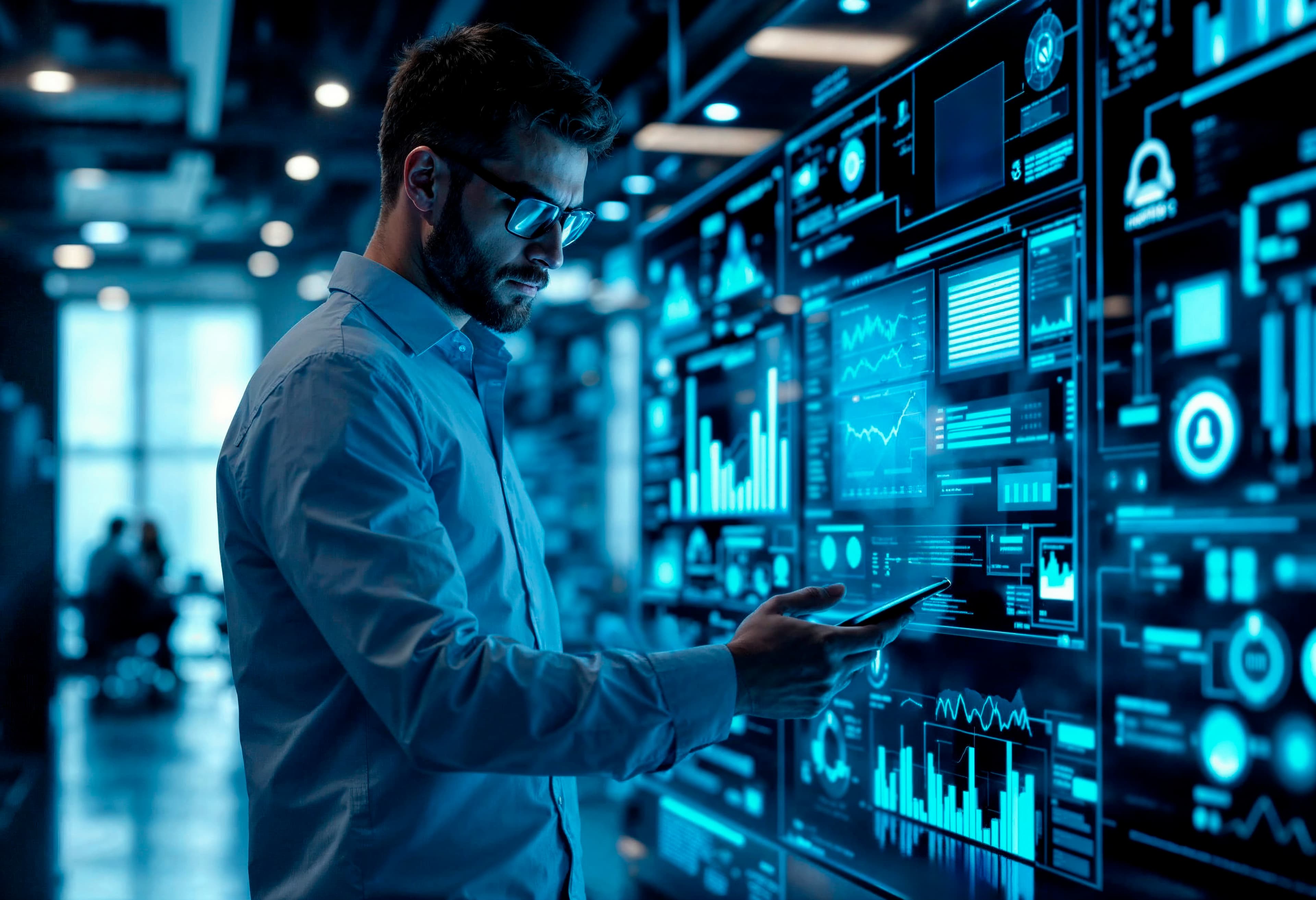 Illustration of a cybersecurity analyst reviewing security dashboards